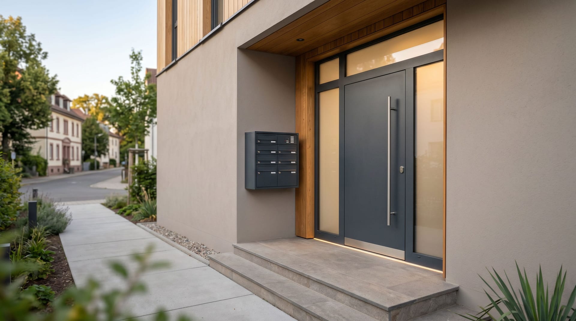 Aluminium-Haustüren im Eingangsbereich eines Wohngebäudes