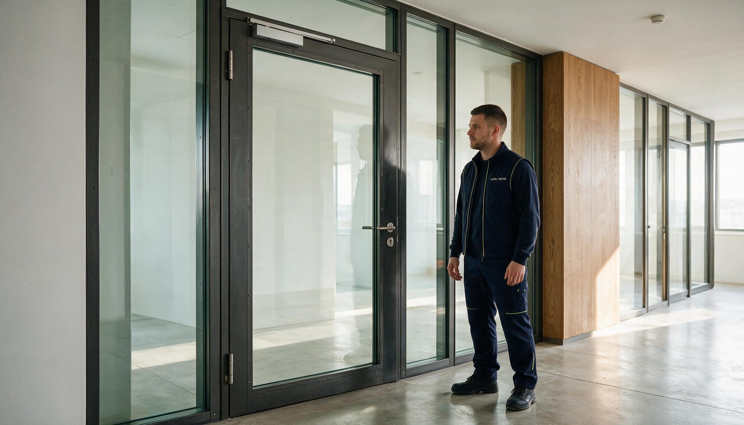 Rohrrahmentür mit Glasfüllung im Bürogebäude — fachgerecht montiert