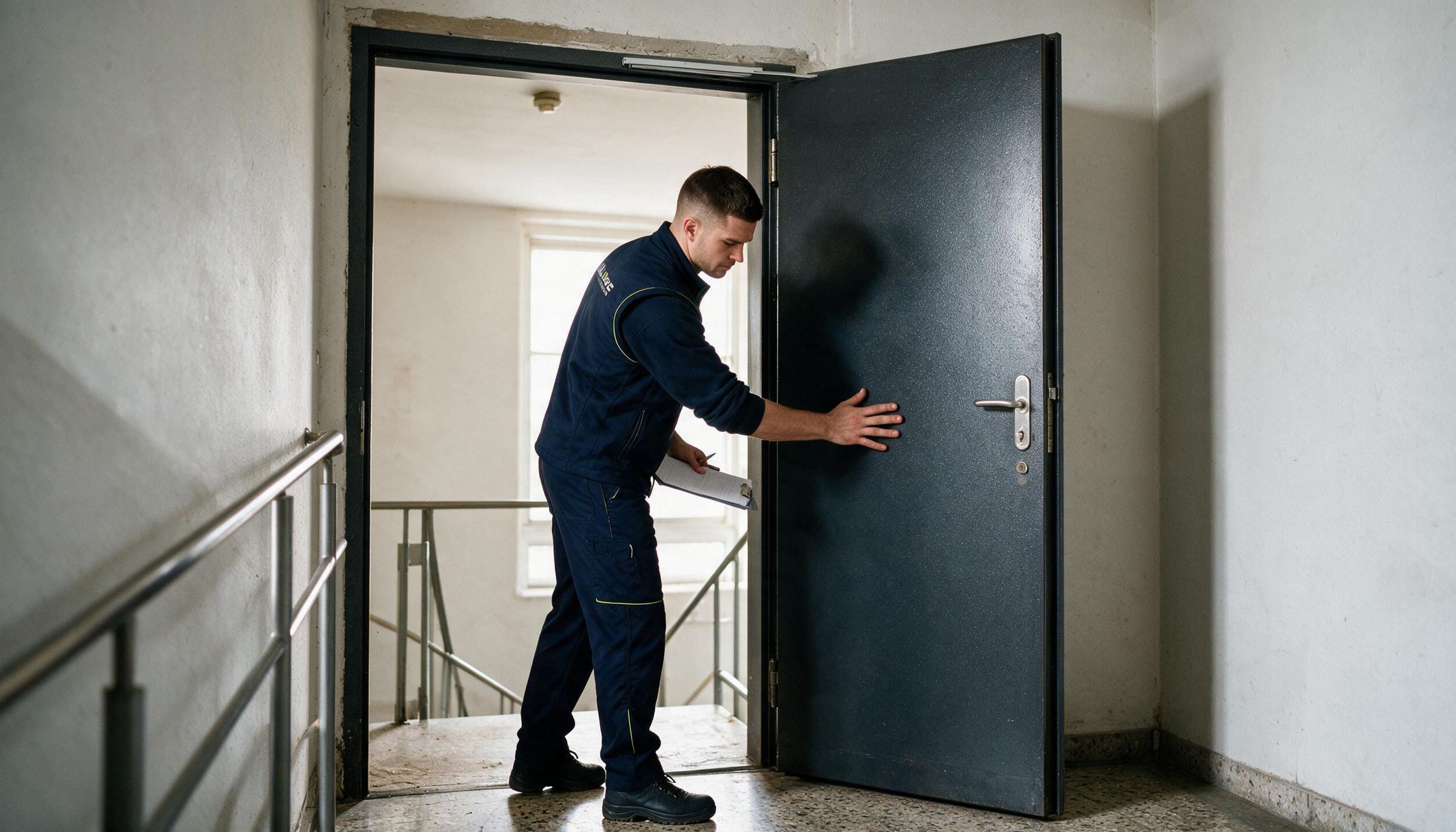 Servicetechniker prüft die Schließfunktion einer Brandschutztür