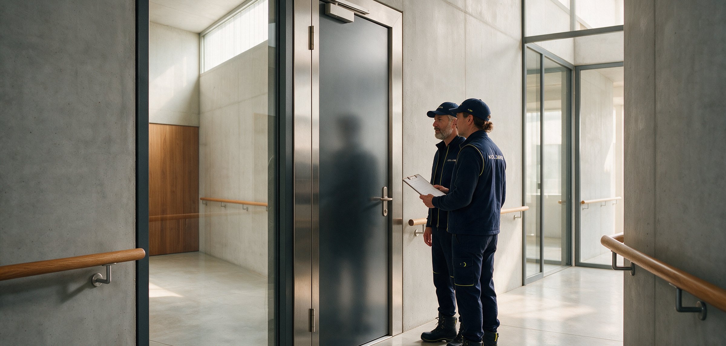 Servicetechniker bei der wiederkehrenden Prüfung einer Brandschutztür